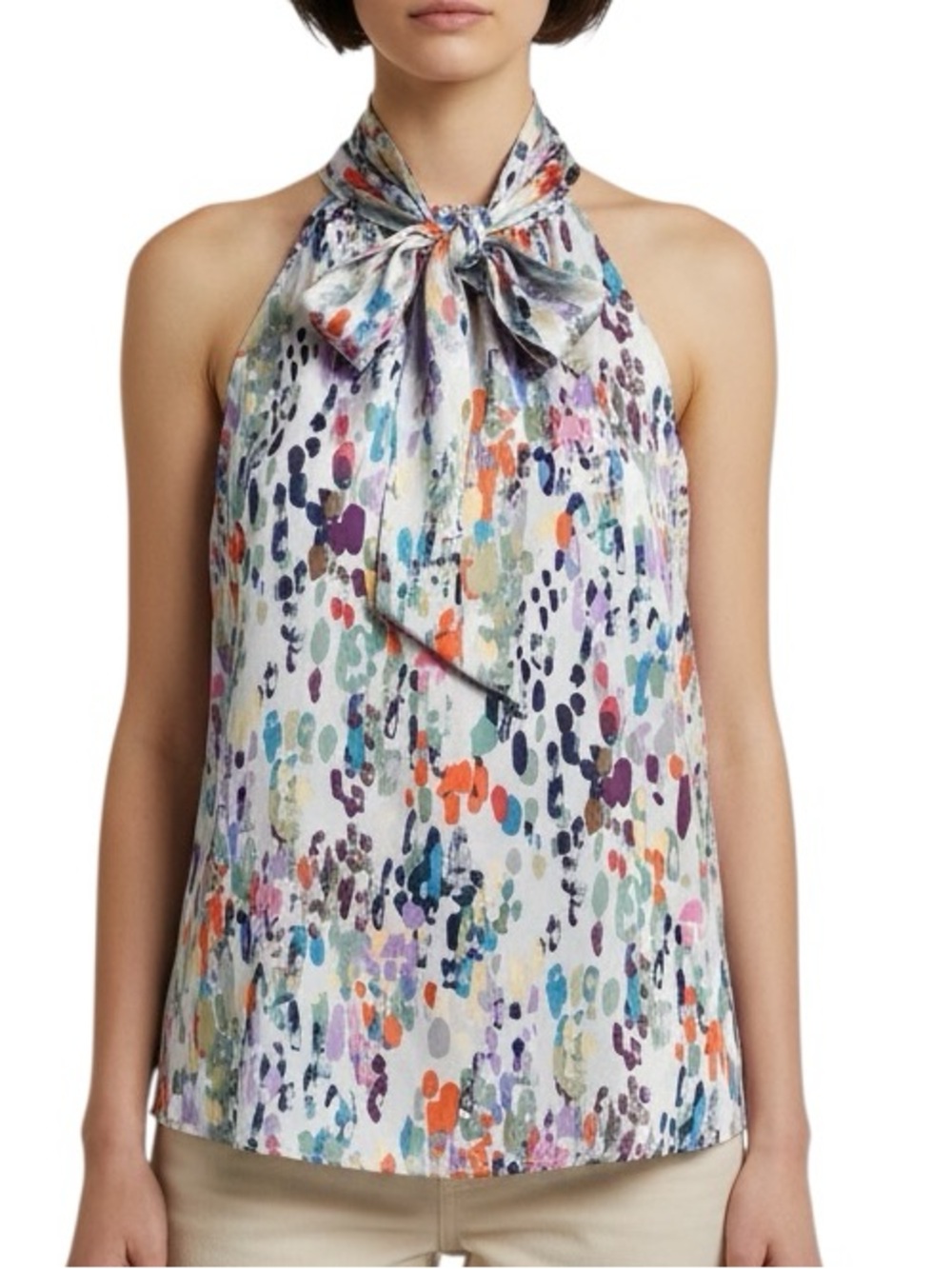 Theory silk multi-color abstract print neck tie blouse Sz S excellent condition